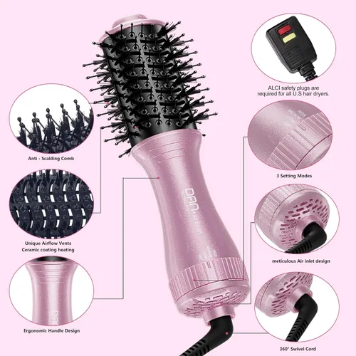 Miniatura 5 de DAN Technology Cepillo secador de pelo automático de doble voltaje, 110 V-120 V/220 V-240 V, cepillo de viaje, cepillo secador de pelo pequeño