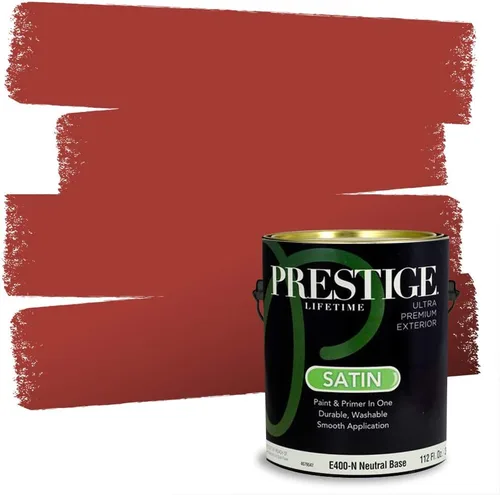 Miniatura 2 de Prestige Paints E100-T-SW6591 Pintura exterior e imprimación en uno, 1 galón, plano, combinación comparable de Sherwin Williams Amaryllis, 1 galón