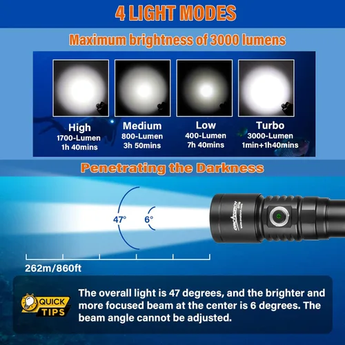 Miniatura 2 de ORCATORCH D710 Luz de Buceo, Linterna Subacuática Super Brillante de 3000 Lúmenes con Haz Estrecho de 6 Grados, Antorcha de Buceo Nocturna Negro