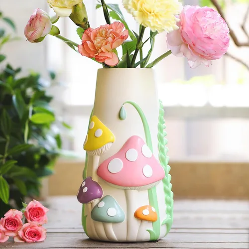 GUGUGO Jarrón de hongos pastel para flores, decoración de hongos funky arcoíris de 8 pulgadas de alto, jarrones eclécticos para flores, florero