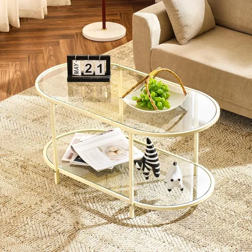 Miniatura 29 de VINGLI Mesa de Centro de Cristal, Mesa de Centro Redonda de 25.6" Dorado Champán para Sala de Estar, Mesa de Centro de Cristal de 2 Niveles con Oro