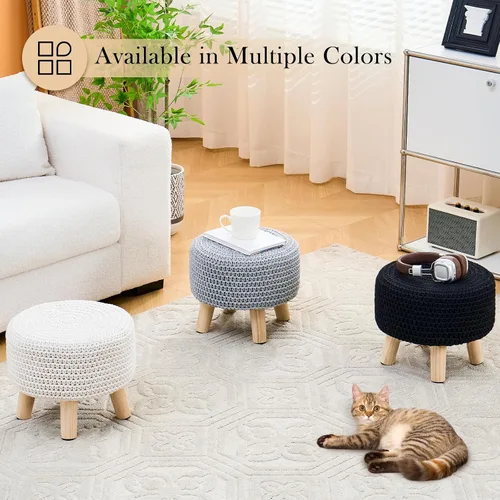 Miniatura 7 de Taburete otomano redondo de punto de algodón moderno reposapiés otomano con patas de madera antideslizantes para sala de estar, dormitorio