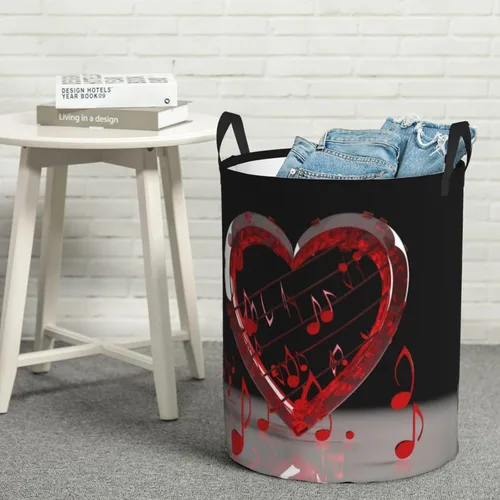 Miniatura 8 de Music Note Heart print Circular Hamper Waterproof Storage Bin Organizer Basket Laundry Hamper With Handles For Clothes Toys Small