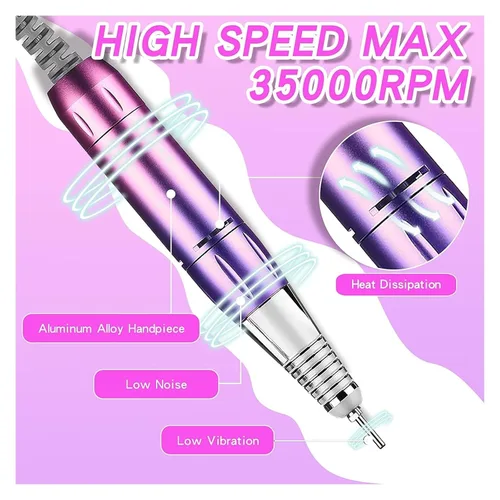 Miniatura 4 de Lima de uñas eléctrica, 35000 rpm, máquina de manicura, recargable, potente lima de uñas eléctrica, motor profesional para esmalte de gel arcílico