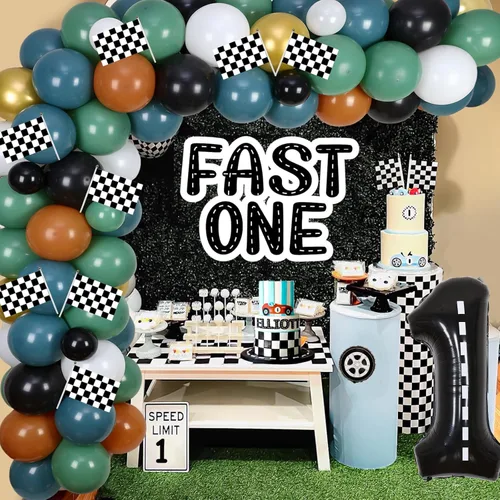 Miniatura 5 de Cheereveal Fast One - Decoraciones de primer cumpleaños para niños, suministros para fiesta de primer cumpleaños con temática de coche de carreras