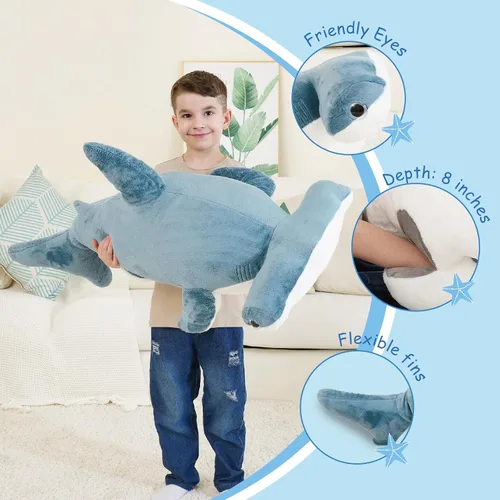 Miniatura 6 de juguete de peluche de tiburón con cabeza de martillo de 37 pulgadas, tiburón gigante suave y realista, tiburón de peluche azul para océano, regalo