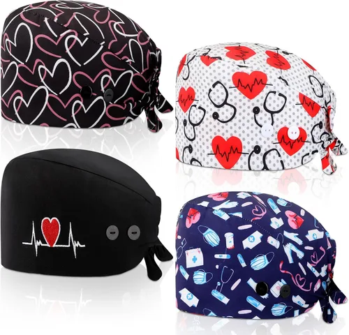 Unittype 4 gorras de trabajo con botón y banda para el sudor, gorras de trabajo ajustables, gorras elásticas para enfermeras, gorras de enfermera,