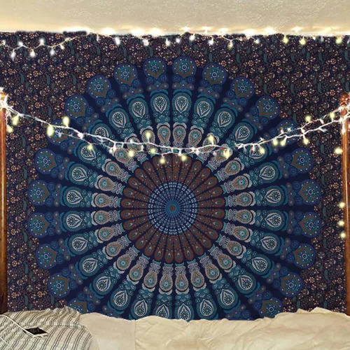 Miniatura 20 de Tapiz hippie indio bohemio psicodélico dorado azul pavo real mandala colgante en la pared (negro blanco, Queen (84 x 90 pulgadas) (84.6 x 90.6 in)