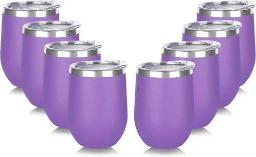 Miniatura 46 de DOMICARE - Juego de 8 vasos de vino de 12 onzas con tapa, hechos de acero inoxidable con aislamiento al vacío de doble pared, color celeste Azul