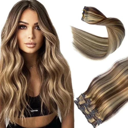 Miniatura 31 de Extensiones de cabello con clip sin costuras de cabello humano real, extensiones de cabello natural negro real con clip 7 piezas 100 g 36 cm
