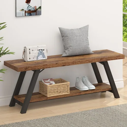 Miniatura 12 de LVB Banco de Entrada Industrial, Banco de Almacenamiento de Madera y Metal para Sala de Estar y Comedor, Banco de Zapatos de Estilo Campestre