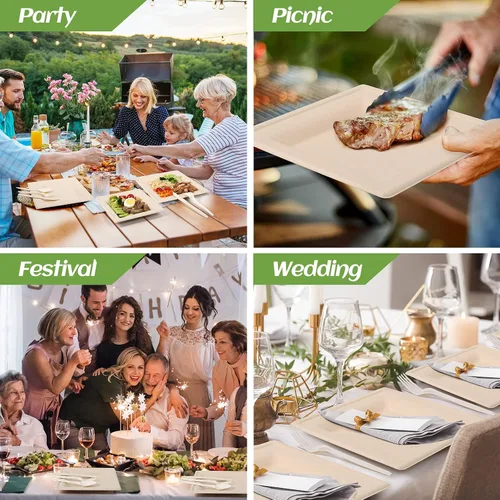 Miniatura 6 de Juego de platos de papel compostables para fiestas, 300 unidades, platos cuadrados de papel marrón de 10 y 8 pulgadas, utensilios y servilletas