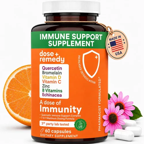 Una dosis de quercetina de inmunidad con vitamina C y zinc, vitamina D, 500 mg de quercetina bromelina con equinácea y vitaminas B, suplemento de