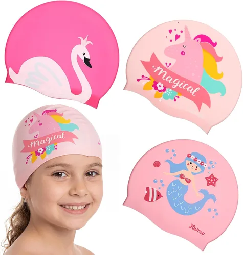 Miniatura 11 de Syhood Gorras de natación para niños, 3 unidades, impermeables, gorro de natación de dibujos animados para cabello largo y corto, para niños y niñas