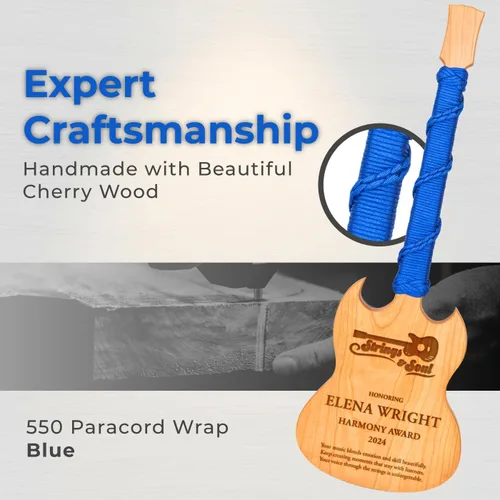 Miniatura 5 de Premio personalizado de guitarra Cherrywood, placa grabada personalizada con mango de paracaídas azul, 23 x 8 pulgadas Regalo para músicos