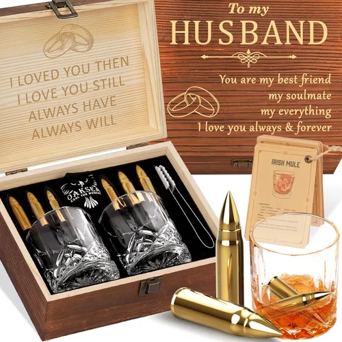 Regalos para marido para él hombres, día de San Valentín, juego reutilizable de piedras de whisky grabadas de acero inoxidable y vasos, regalo de