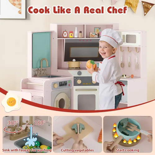 Miniatura 3 de Costzon Cocina de Juego de Esquina, Cocina Grande de Juego de Simulación con Luz y Sonido Reales, Bote de Basura Extraíble, Estufas, Microondas