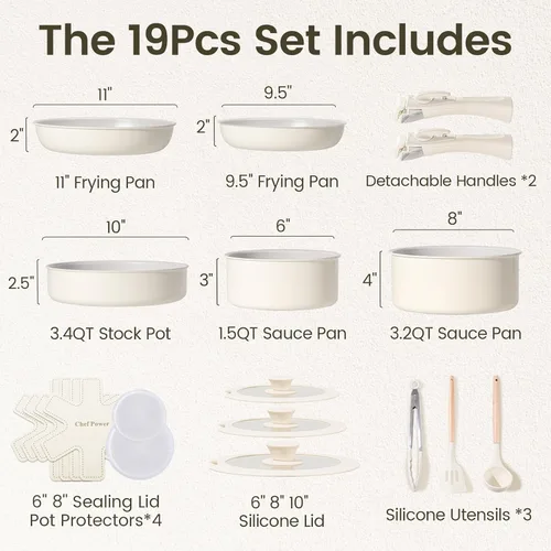 Miniatura 2 de Juego de ollas y sartenes antiadherentes de cerámica Chef Power de 19 piezas con asa desmontable, juego de utensilios de cocina apto para inducción