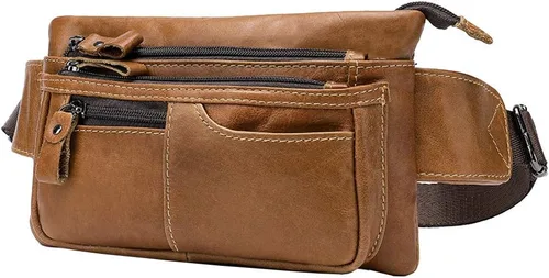 Hebetag - Cangurera de cuero con cremallera para hombres y mujeres para viajar, caminar, correr, guardar teléfonos celulares y carteras