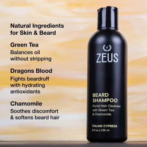 Miniatura 3 de ZEUS Champú para barba para hombres con manzanilla, té verde y aceites esenciales, hidratación de limpieza profunda para un vello facial más suave