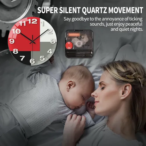 Miniatura 5 de WISKALON Reloj de pared abstracto de cristal geométrico de 12 pulgadas en blanco, gris, rojo y negro, funciona con pilas, reloj de cuarzo silencioso