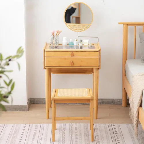Miniatura 7 de Escritorio de maquillaje para dormitorio con espejo, tocador con 2 cajones, escritorio de tocador con silla de tocador, juego de tocador