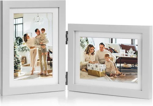 Miniatura 13 de Marco de fotos doble de 4 x 6 pulgadas con bisagras horizontales, marco de fotos plegable en madera de pino negro con vidrio real para mesa