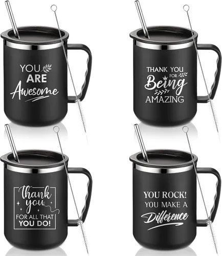 Sumind Regalo de agradecimiento a los empleados, tazas de café de acero inoxidable de 17 onzas con asa, tapa y popote para Slp, graduación, Negro