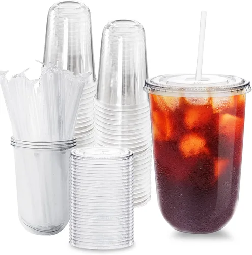 Miniatura 10 de Alaeseje Paquete de 50 vasos de plástico transparente con tapas y popotes, tazas desechables de 12 onzas para café helado, tazas de cristal