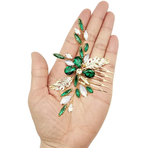 Miniatura 7 de Peine lateral verde nupcial con hojas de cristal para boda, accesorios pequeños para mujeres y niñas, fiesta (verde esmeralda)