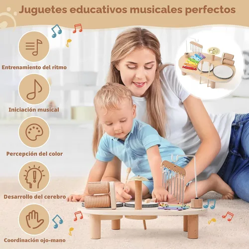 Miniatura 4 de Juego de batería de madera para niños pequeños de 1 a 3 años, instrumentos de percusión musical para niños, juego de batería para bebés, xilófono