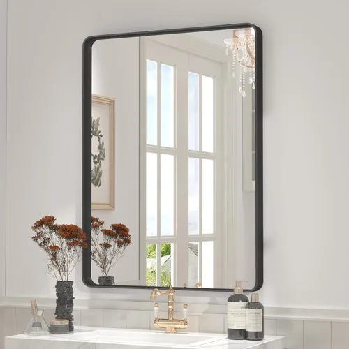 Miniatura 124 de Paquete de 2 espejos de baño con marco de metal negro de 22 x 30 pulgadas, espejo rectangular redondeado negro mate, antioxidante, se cuelga