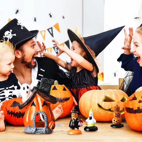 Miniatura 5 de Blulu 4 piezas de decoraciones de Halloween para pecera, figuras en miniatura para interiores y exteriores, resina, fantasma, calabaza, casa