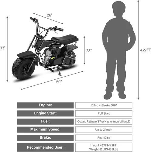 Miniatura 4 de Oryxearth Mini bicicleta para niños, 105 CC de 4 tiempos para niños, a gasolina, con bolsillo todoterreno con aprobación de la EPA, soporta
