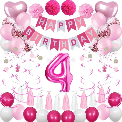 Decoraciones de 4º cumpleaños para niñas, globos de feliz cumpleaños rosa y blanco con el número 4, suministros para fiesta de cumpleaños,