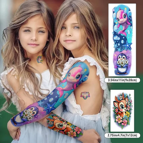 Miniatura 2 de 52 hojas de tatuajes temporales para niños, manga completa, dinosaurio, unicornio, tiburón, delfines, elefante, animal, cara, tatuajes falsos