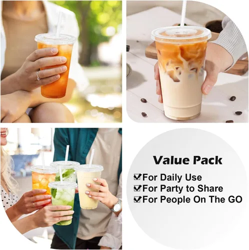 Miniatura 7 de Paquete de 100 vasos de plástico de 20 onzas con tapas y pajitas, tazas de café desechables para café helado, bebidas frías, batidos y batidos
