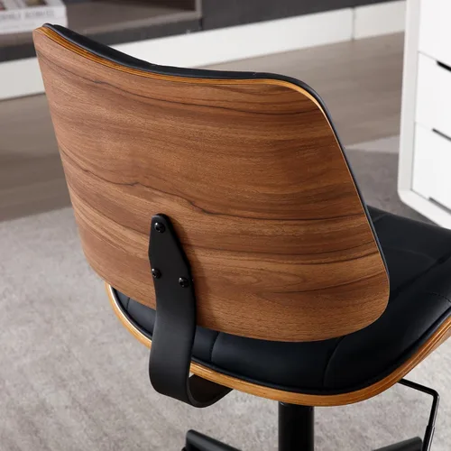 Miniatura 5 de Silla de escritorio de oficina en casa con ruedas, silla de oficina sin brazos de altura ajustable, piel sintética, respaldo medio, silla de Negro