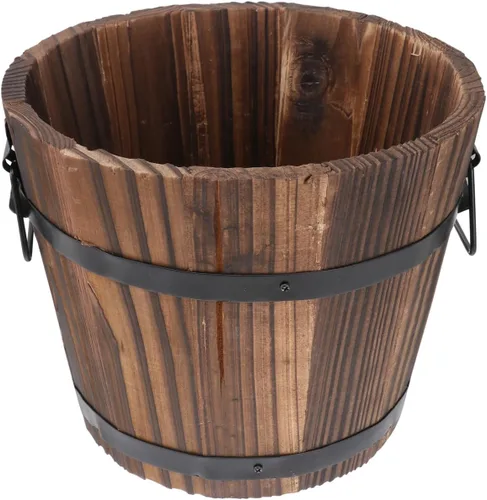 Maceta de barril de madera, maceta rústica para uso en interiores y exteriores con agujeros de drenaje, maceta marrón de 7 pulgadas para plantas y
