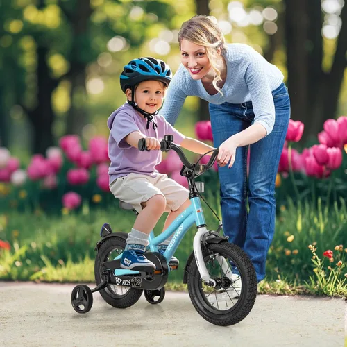 Miniatura 8 de COSTWAY Bicicleta para niños de 12/14/16/18 pulgadas, bicicleta para niños pequeños con ruedas de entrenamiento, asiento y manubrio ajustables
