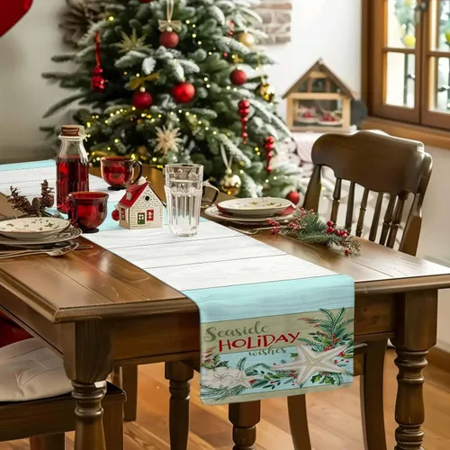 Miniatura 5 de Camino de mesa de Navidad costero, 36 pulgadas de largo, deseos de vacaciones junto al mar, playa, estrellas de mar, mezcla de algodón y lino