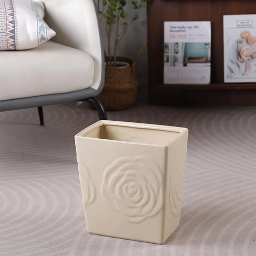 Miniatura 2 de Basurero de cerámica beige con rosa – Cubo de basura pequeño de 2.5 galones para baño y cocina, cesta de basura decorativa para dormitorio, oficina