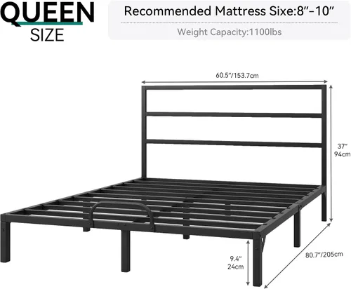Miniatura 2 de YITAHOME Base de cama tamaño Queen con cabecero, plataforma resistente con listones de metal fuertes, no necesita somier, fácil montaje, mate y negro