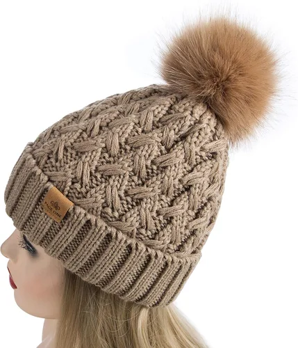 Miniatura 3 de PAGE ONE Womens Winter Ribbed Beanie Crossed Cap Chunky Cable Knit Pompom Soft Warm Hat