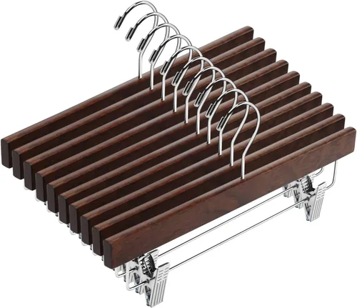 Miniatura 10 de AMKUFO 20 piezas de perchas de madera para pantalones, perchas sólidas para pantalones con clips ajustables de 14 pulgadas, perchas de madera negra