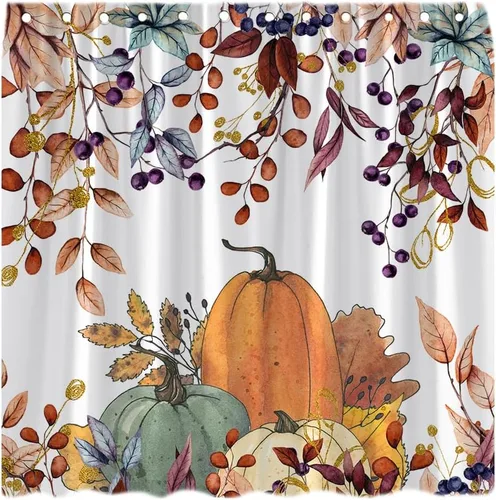 Cortina de ducha de otoño, calabaza, hojas de arce, día de Acción de Gracias, cosecha, acuarela colgante, hojas de eucalipto, botánica, floral,