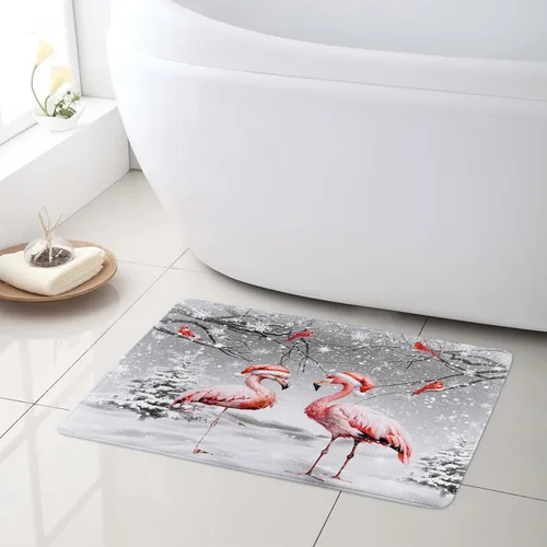 Miniatura 7 de HVEST Cortina de ducha de invierno de Navidad con alfombras de baño, flamenco rosa y cardenales en bosque nevado gris, cortina de ducha y tapete