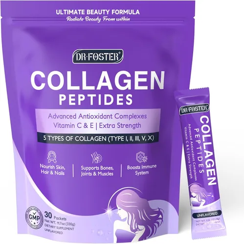 DRFOSTER Paquetes de Polvo de Péptidos de Colágeno - Colágeno Multitipo I II III V X para Mujeres con Mezcla Antioxidante + Vitamina C y E para