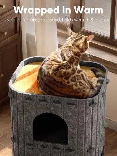 Miniatura 5 de FUKUMARU Casa para Gatos de Interior, Cama Cueva Grande para Gatos de 2 Pisos, Túnel Condo Escondite Acogedor Cubierto de Fieltro para Múltiples