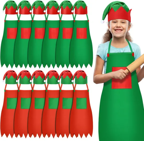 Miniatura 11 de Handepo - Conjunto de delantal y gorro de elfo navideño para niños, sombreros de Papá Noel para niños, suministros de fiesta navideña para niños